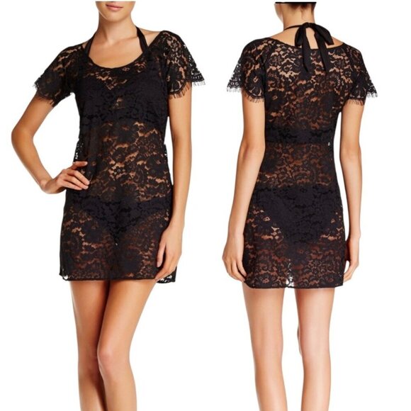 NWT Floral Lace Mini Dress Sz.L Black Sheer Goth Festival Y2K Beach Cover-Up - Picture 1 of 12